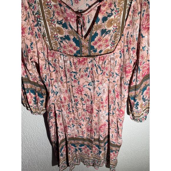Boho Floral Peasant Dress – Medium, Pink Multicolor, Tie-Neck, 3/4 Sleeve - Picture 1 of 3